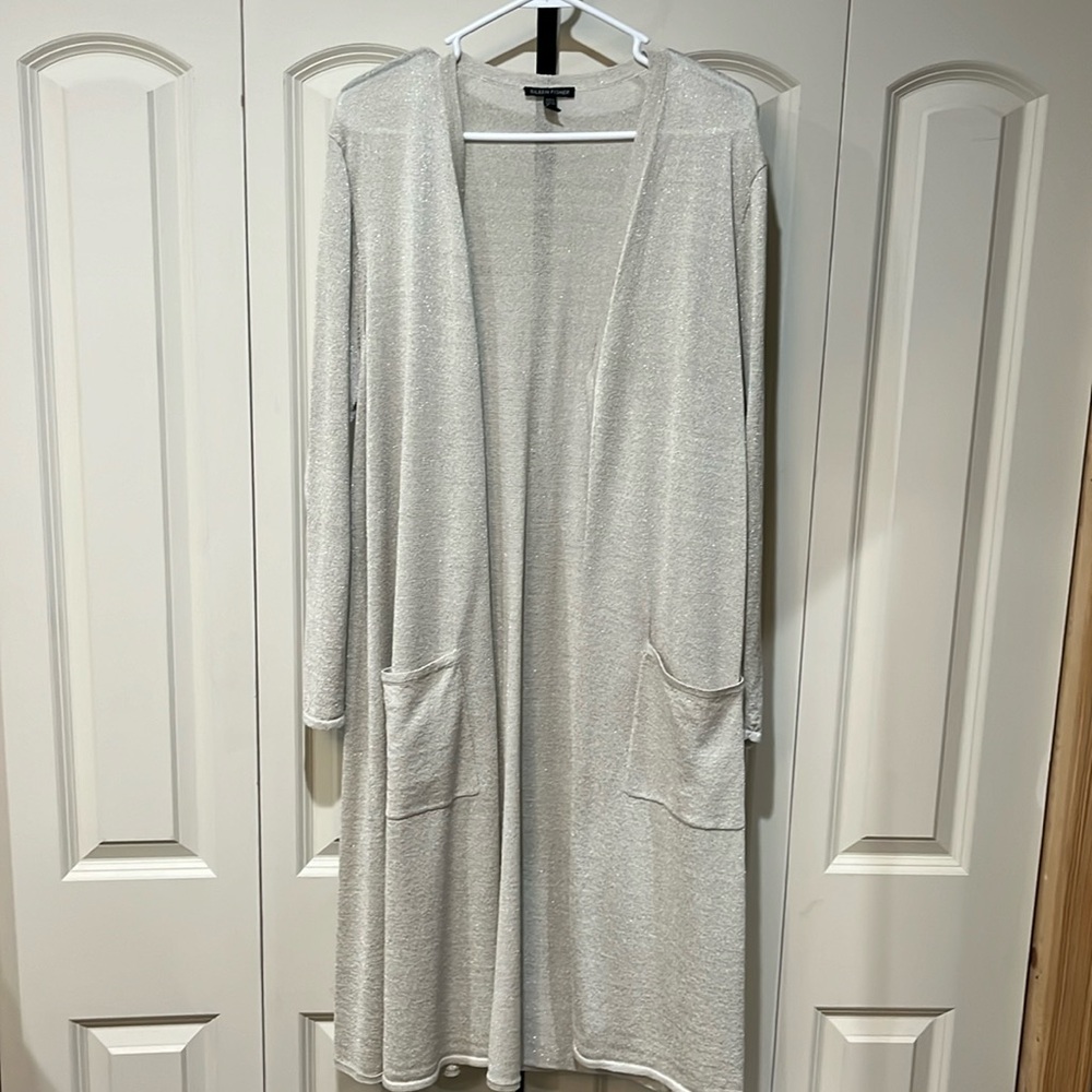 Eileen Fisher organic linen/polyester/metallic extra long cardigan size XL…